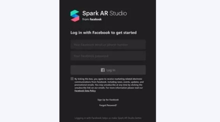 login ke aplikasi Spark AR Studio
